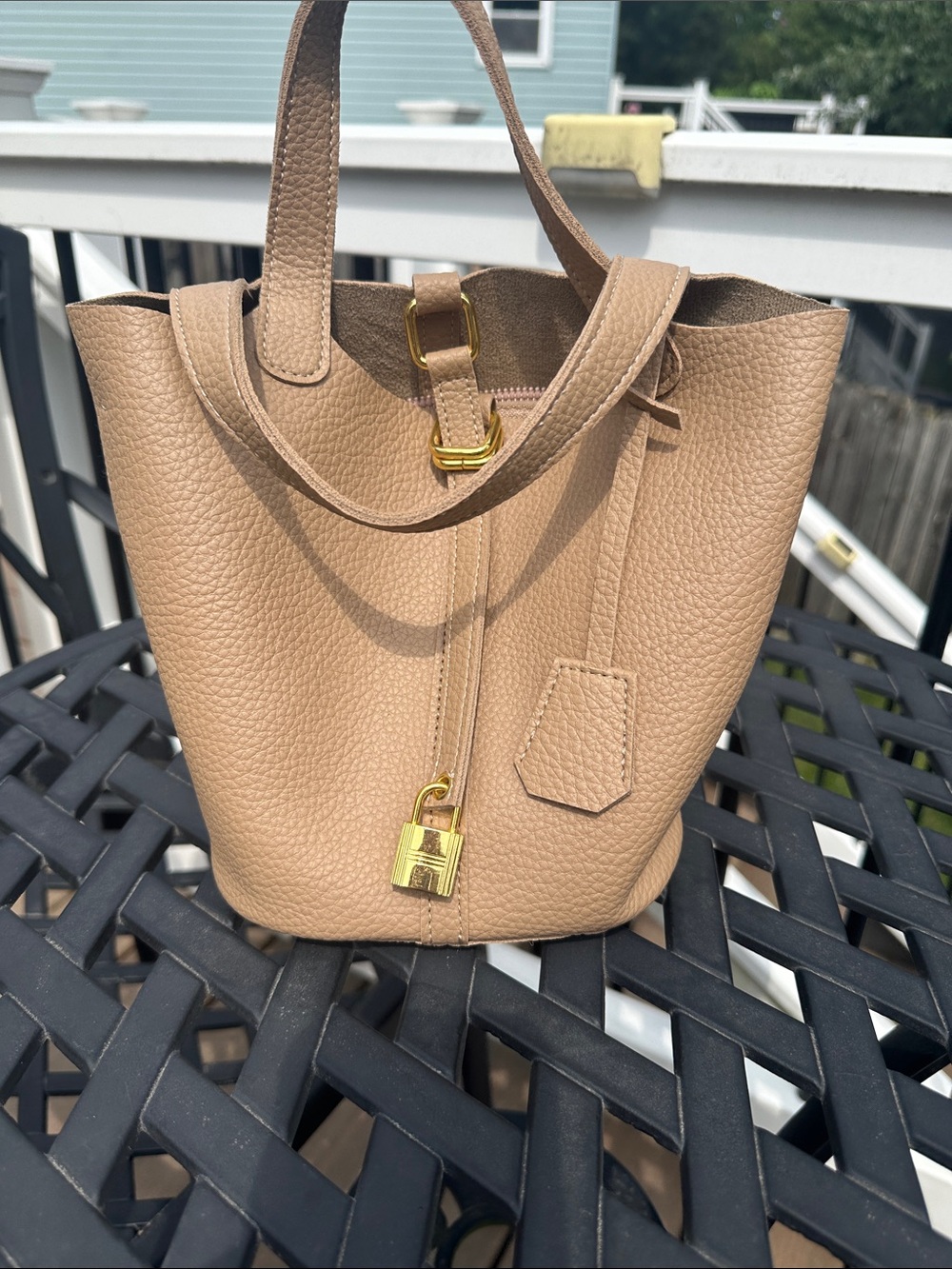 Women’s Beige Leather Bucket Tote with Gold Hardware